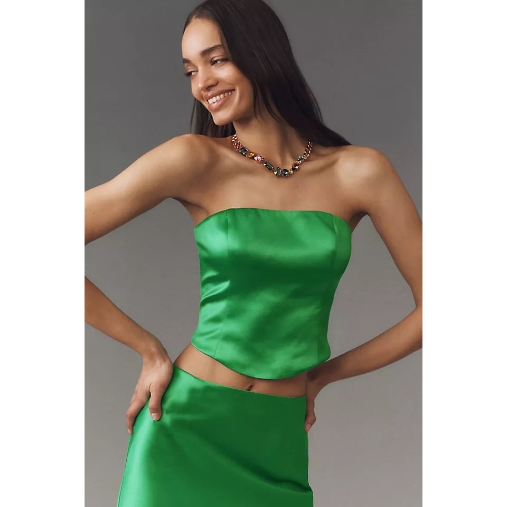 Anthropologie Mare Mare Evie‎ Green Satin Strapless Corset Tube Top XS New